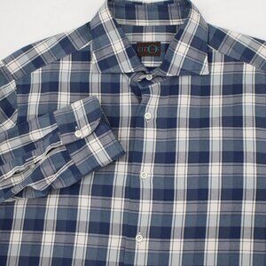Eidos Napoli Shirt Mens 17 Button Up Long Sleeve Cotton Blue Plaid Made in Italy